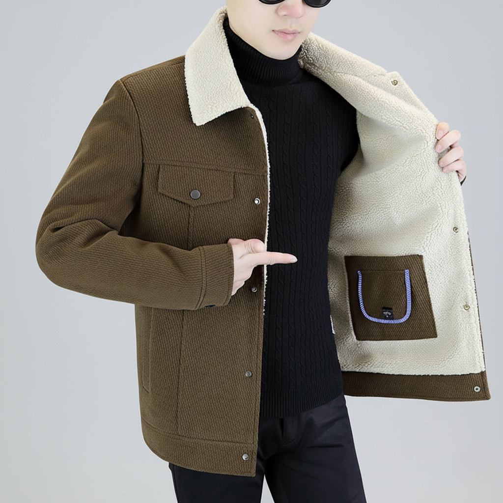 Men’s Sherpa-Lined Jacket – Textured Wool Look – Snap Button Closure – Warm Winter Layer