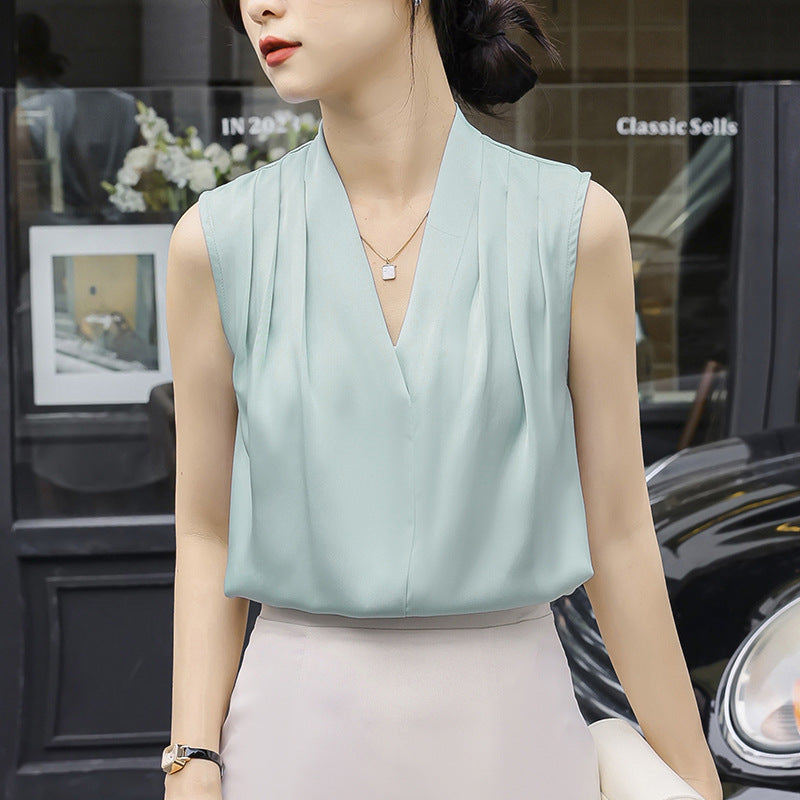 Pleated V-Neck Blouse