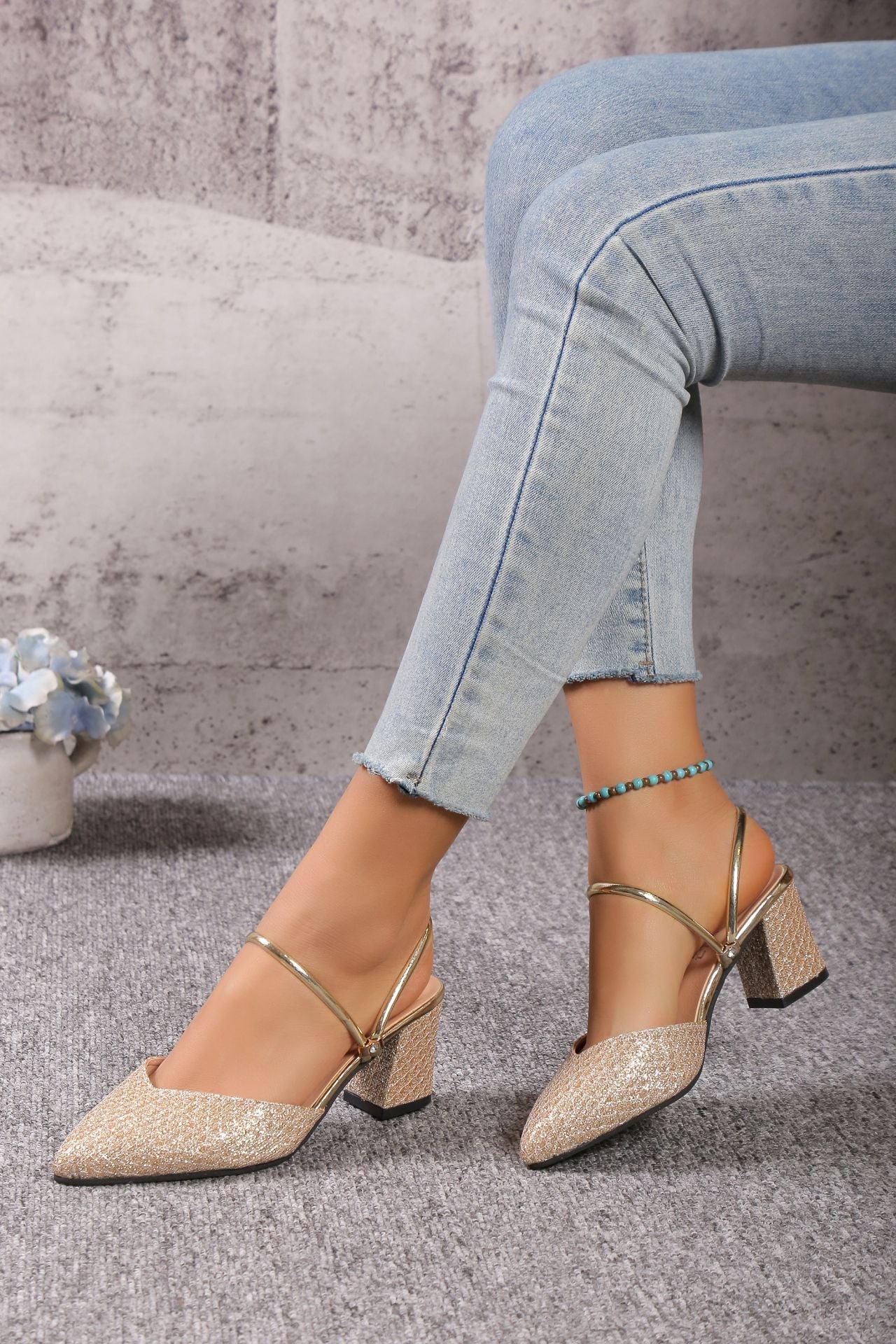 Ayla Block Heel Mules - Pointed Toe Slip-On - Elegant Strap Sandals