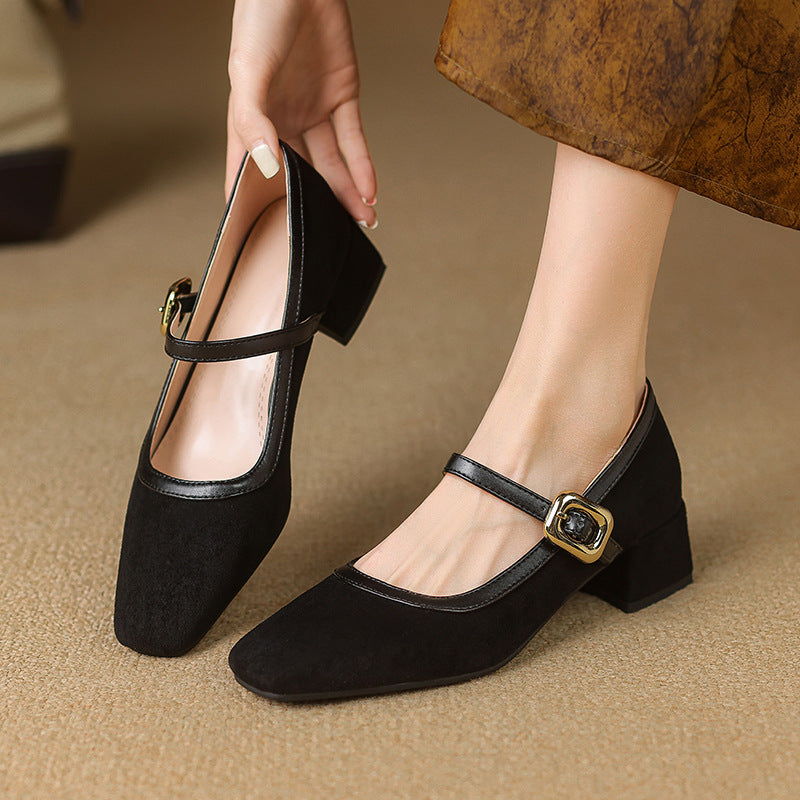 Square Toe Mary Jane Pumps – Buckle Strap – Low Block Heel