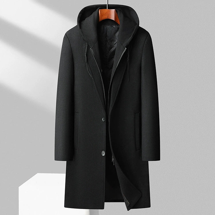 Men's Coat - Long Blend - Hooded - Classic Button Front