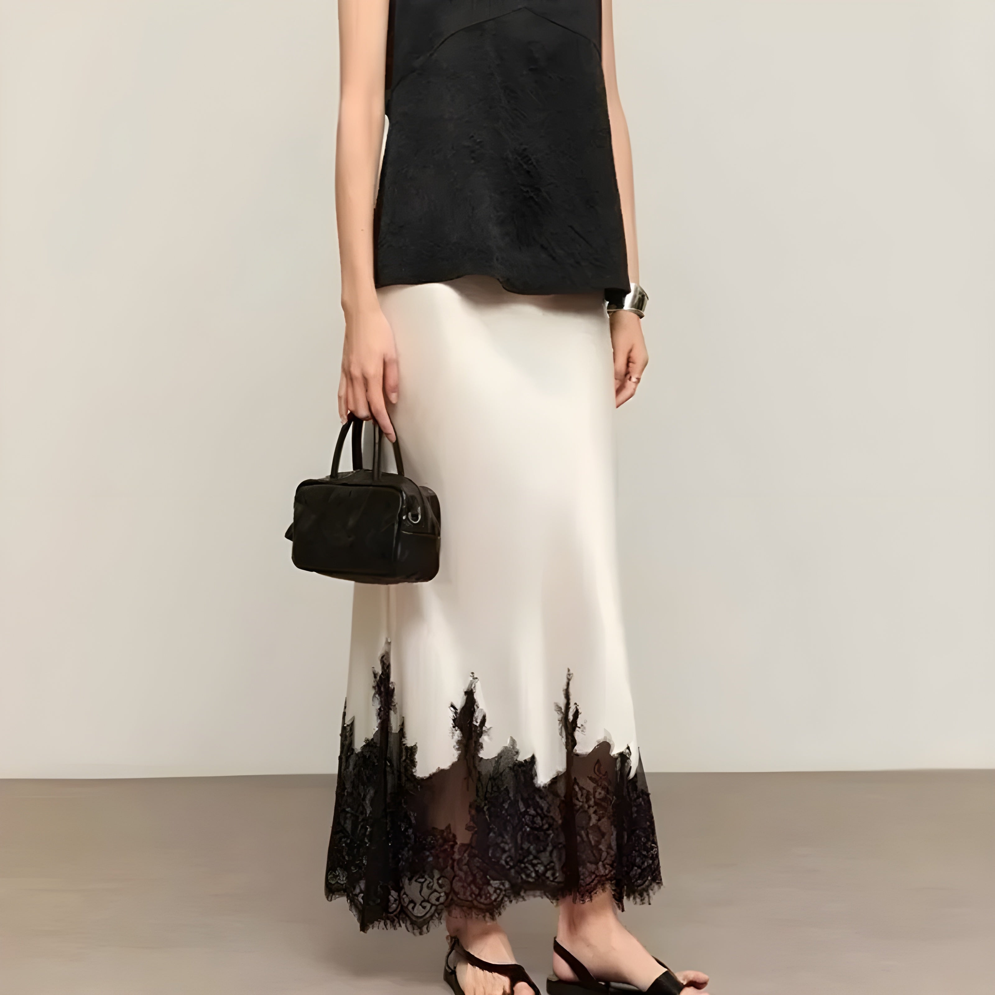 Lace-Trim Satin Skirt