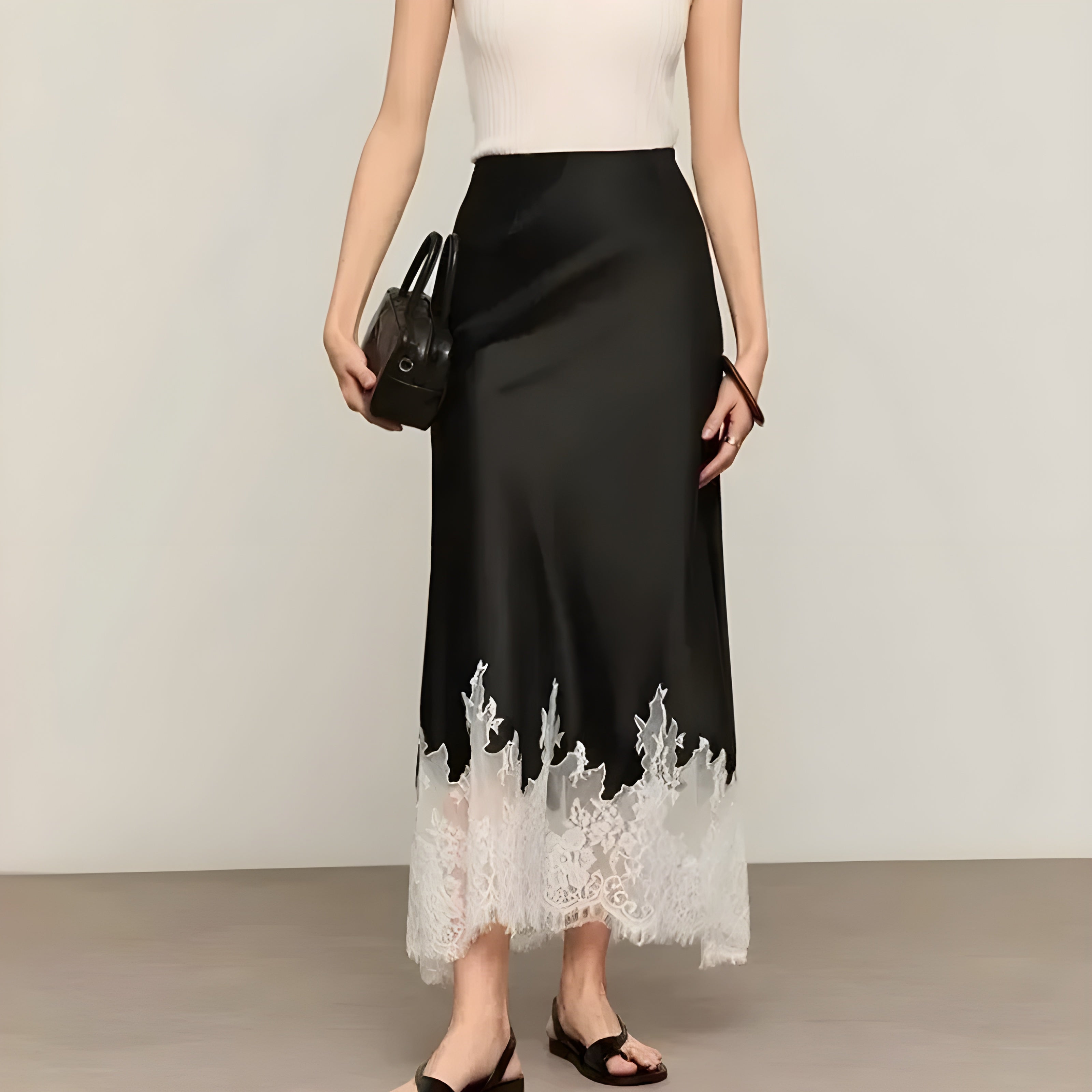 Lace-Trim Satin Skirt