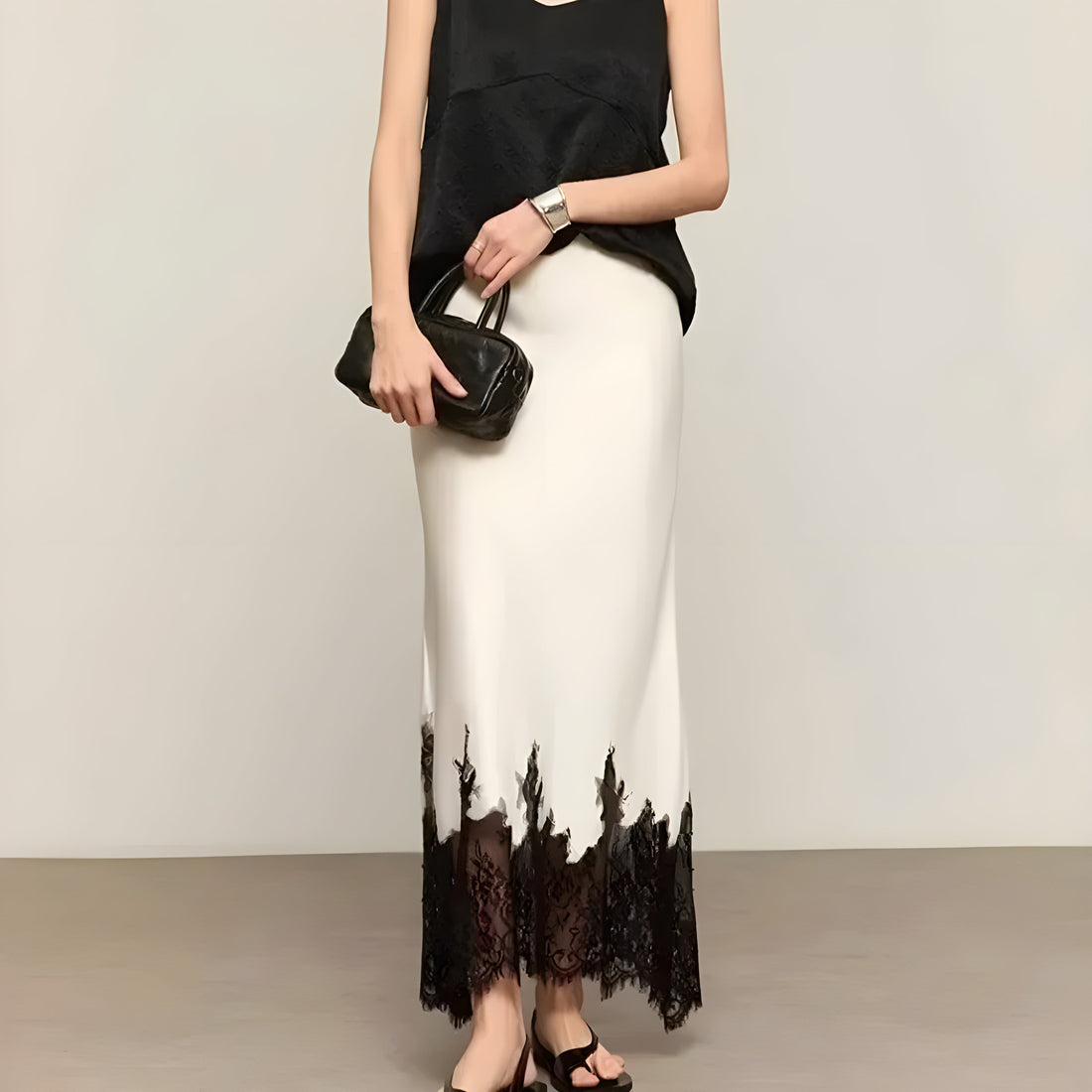 Lace-Trim Satin Skirt